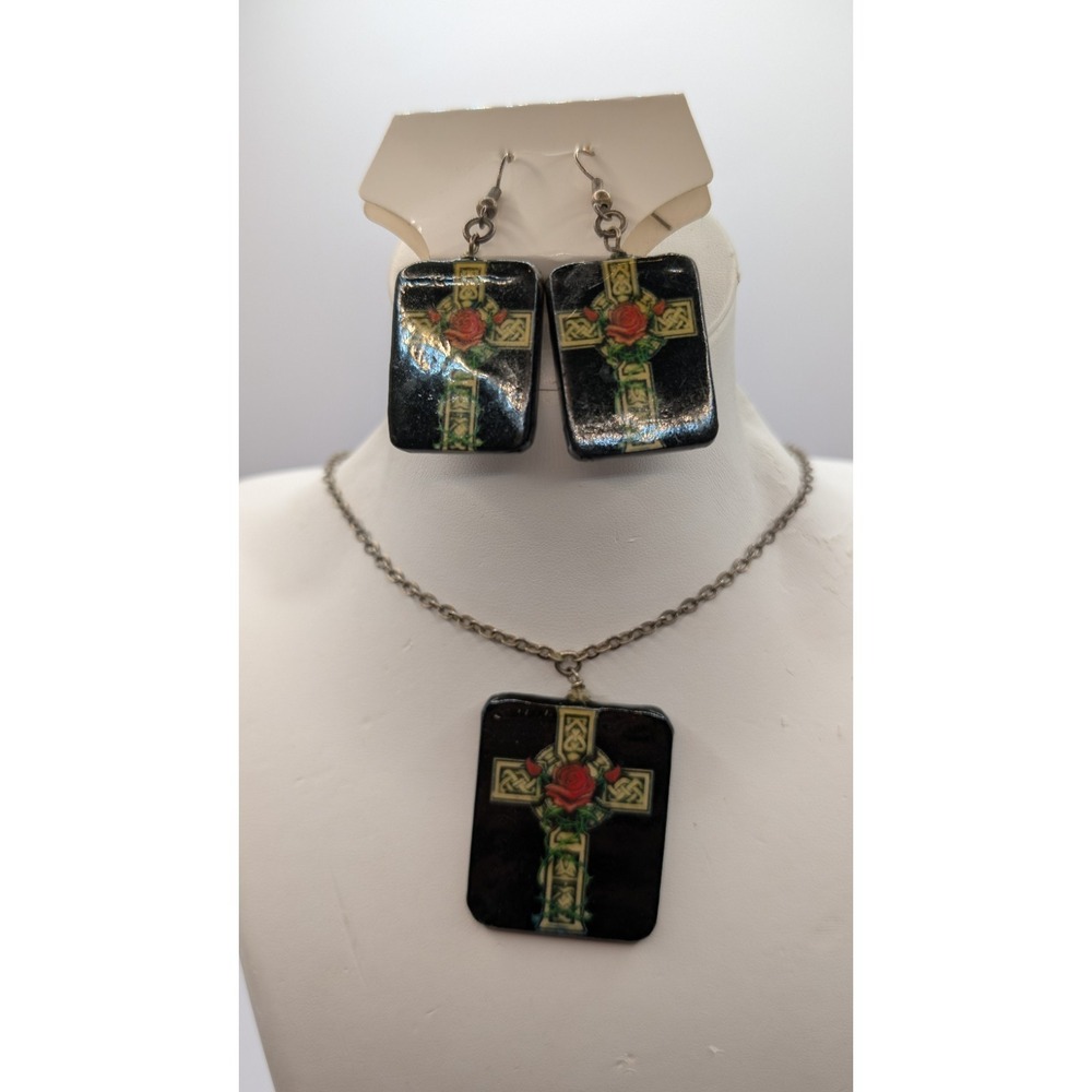 Vintage Celtic Cross Jewelry Set - Enamel Pendant Necklace & Matching Earrings